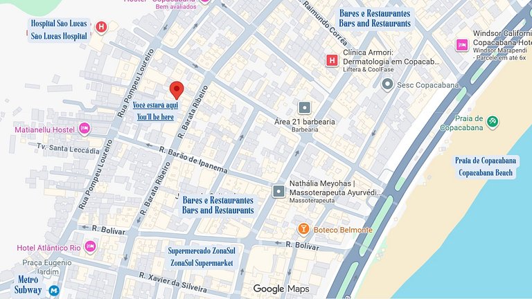 Dormitorio y salón cerca de la playa de Copacabana