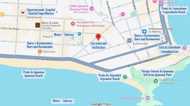 Junto a la playa en Ipanema y metro